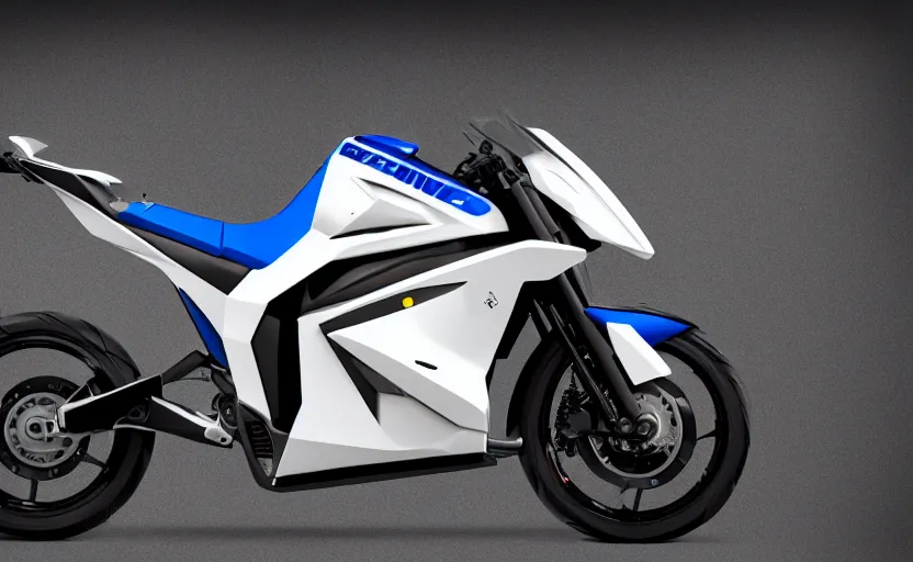 Image similar to futuristic suzuki, dakar motorbike, symmetrical mechanical features, designed by professional artist, fog, industrial design, northen lights background, brushed white and blue paint, black wheel rims, hard surfaces modelling, show room scene, dramatic lighting, hyper realistic rendering, octane, depth of field, bokeh effect, 1 5 0 mm, 4 k