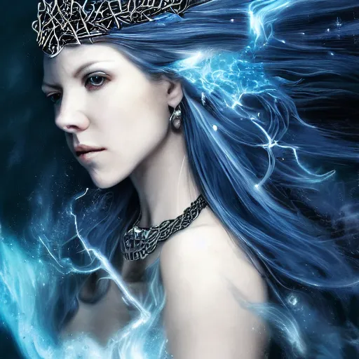 Image similar to masterpiece portrait of an aesthetic mage woman, ice spell, 3 0 years old woman, ( katheryn winnick like ), black dynamic hair, wearing silver diadem with blue gems inlays, silver necklace, painting by joachim bergauer and magali villeneuve, atmospheric effects, chaotic blue sparks dynamics in the background, intricate, artstation, fantasy