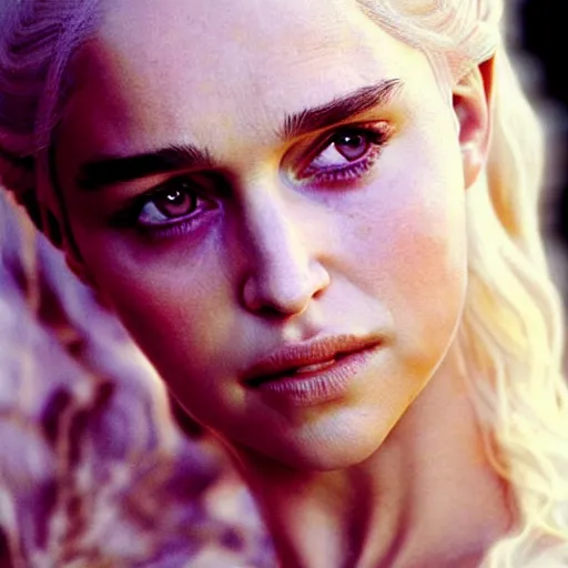 Image similar to daenerys targaryen played by a young natalie portman with smooth skin and light violet eyes, ethereal, mystic, medium shot, detailed eyes, vivid, golden hour