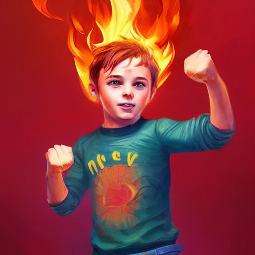 Prompt: colorful and festive captivating young child boy, brown fluffy hair, wearing red and yellow clothes, shooting a fire ball out of his fist. full body, rich vivid colors, ambient lighting, dynamic lighting, 4 k, atmospheric lighting, painted, intricate, highly detailed by charlie bowater