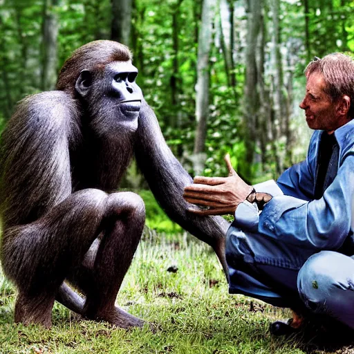 Image similar to Australopithecus meeting modern scientist, field researcher, proto-human meeting modern human, 2022 photograph, award-winning photo