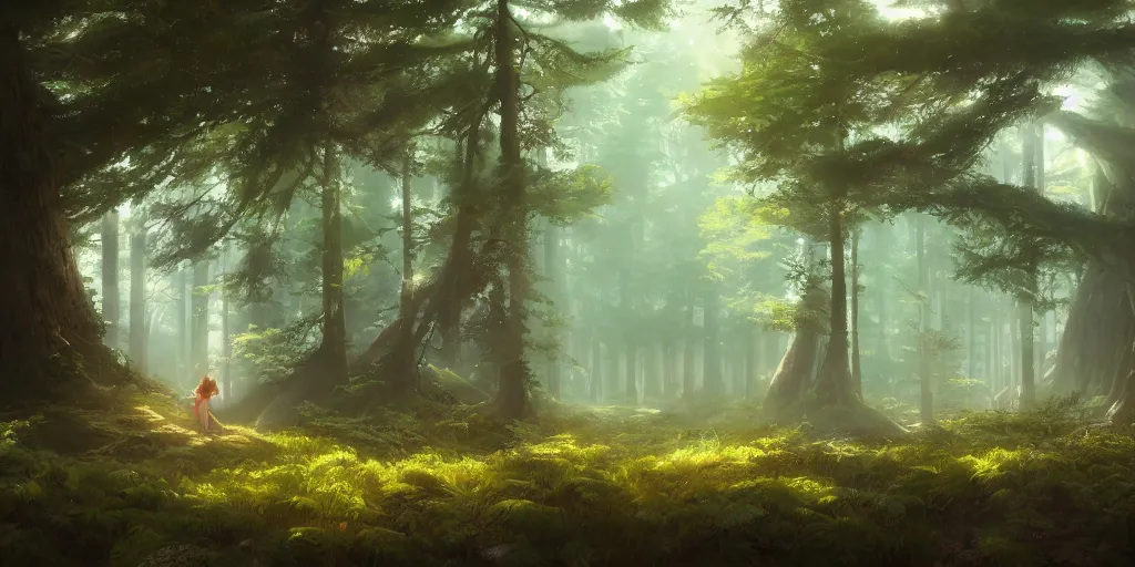 Prompt: a forest, highly detailed oil painting, Jessica Rossier, Studio Ghibli, range murata, digital art, octane render, beautiful composition, trending on artstation, masterpiece