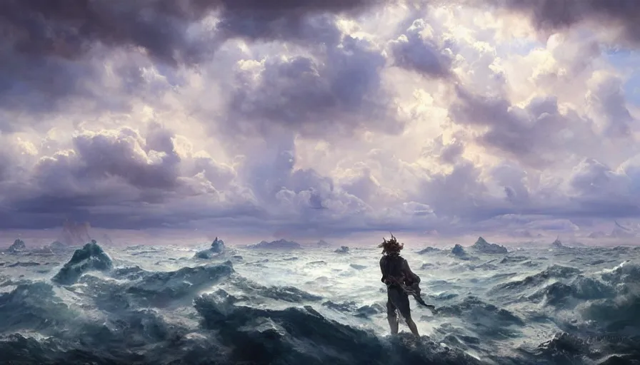 Image similar to excellent painted daemon in a wide epic beautiful landscape somewhere in the ocean with fluffy clouds, painted by Hans Fredrik Gude, Greg Rutkowksi, Craig Mullins and Artgerm, masterpiece, 4k, ultra realistic highly detailed oil painting