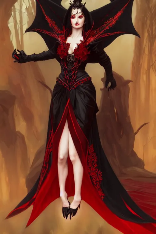 Image similar to Beautiful vampire female princess, black and red silk clothing Full body shot, D&D, fantasy, intricate, elegant, highly detailed, digital painting, artstation, concept art, matte, sharp focus, illustration, hearthstone, art by Artgerm and Greg Rutkowski and Alphonse Mucha