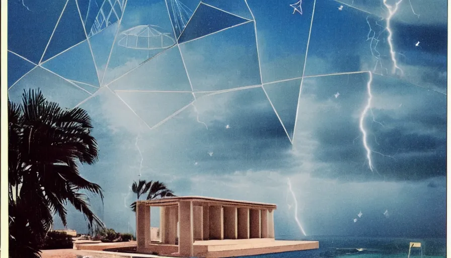 Image similar to A 1985 vintage magazine architecture photo of a, mediterranean architecture, refracted lines and sparkles, thunderstorm outside, beach on the background major arcana sky and occult symbols, hyperrealistic, award-winning, 1985