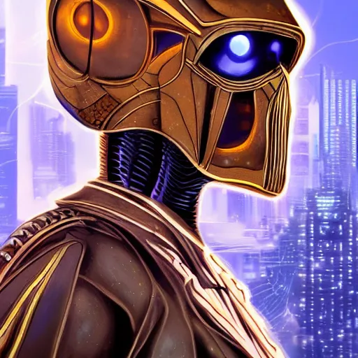 Image similar to golden bordered mural of a futuristic general grevious, hyper realistic, cyberpunk, nightcore, 4 k, highly detailed, beautifully rendered