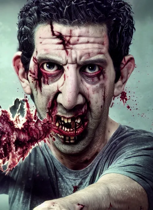 Image similar to david schwimmer becomes an angry zombie, face enhance, realistic, shaun of the dead, izombie, ultra detailed, octane render, lovecraftian, horror, dead space, the walking dead