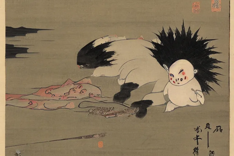 Prompt: baby harp seal as oni, Japanese painting, 1800