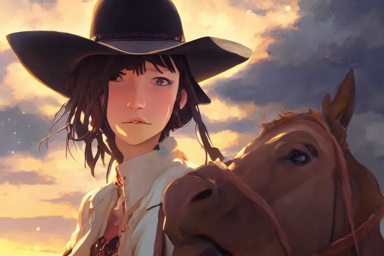 Image similar to western cowgirl, single subject, scenic full shot, ambient starry night lighting, detailed face, by makoto shinkai, stanley artgerm lau, wlop, rossdraws