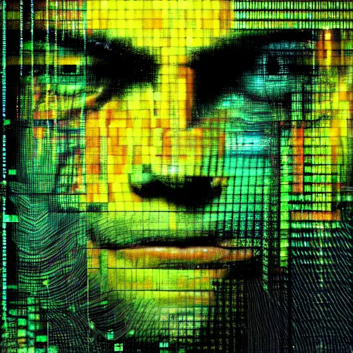 Image similar to hyperrealistic portrait of a cyberpunk teenager, male, smiling, immersed within a glitch network, digital ui, by Guy Denning, Metzinger, Russ Mills, glitch art, hacking effects, glitch effects, digital al tech effects, chromatic, color blocking!, green blockings, acrylic on canvas, concept art, abstract, trending on cgsociety, trending on artstation