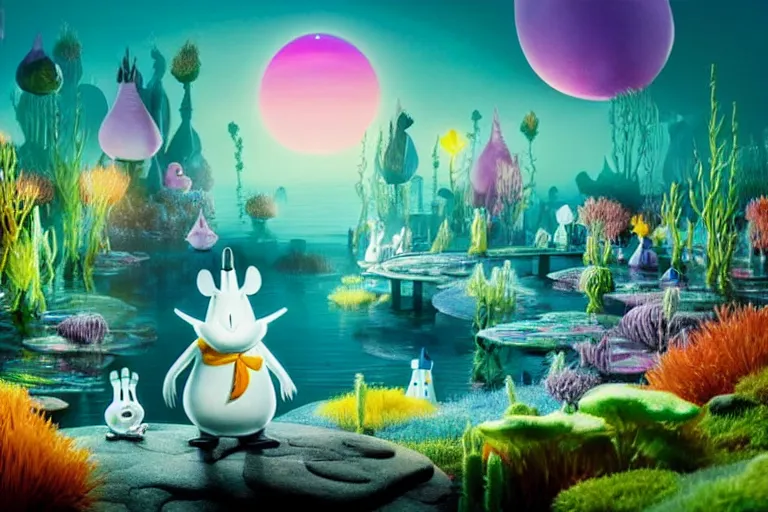 Prompt: the moomins in an underwater city with the moomins looking at glowing fishes in the sky swimming in the background and many underwater plants, magic atmosphere, very colorful, sweet, photorealistic 3d-rendering, very detailed