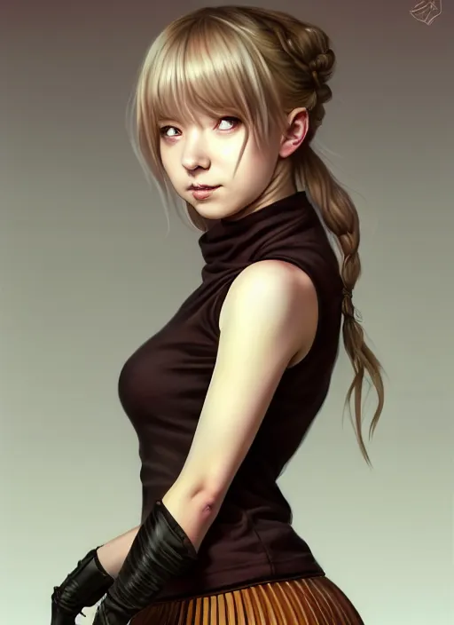 Image similar to portrait of a full body of beautiful young female detective, d & d, sleeveless turtleneck, pleated skirt, fantasy, flat lighting, intricate, highly detailed, digital painting, artstation, concept art, smooth, sharp focus, illustration, misa amane, art by simon bisley and greg rutkowski and alphonse mucha, natural tpose