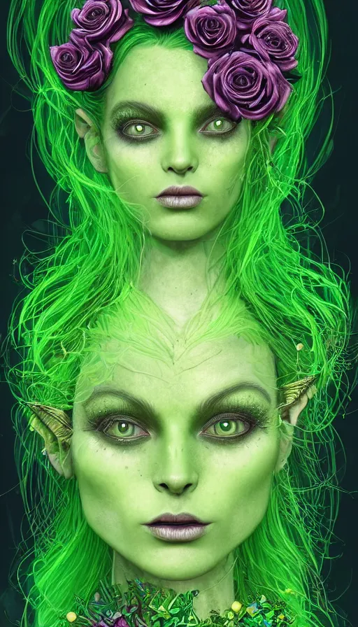 Image similar to portrait of magical green goblin female , dark fantasy, gradient green black, intricated, plants, roses, spikes, dreamy and ethereal, (colour) eyes, one head, golden ratio, peaceful expression, ornate frilly dress, fantasy, intricate, elegant, rainbow bubbles, highly detailed, digital painting, artstation, concept art, smooth,b sharp focus, illustration, art by artgerm and greg rutkowski and alphonse mucha