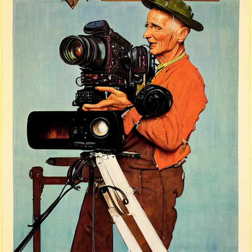 Image similar to norman rockwell painting of a television crew member holding a large television - video - camera