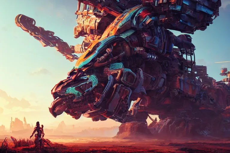 Image similar to thunderjaw machine mecanical creature robot of horizon forbidden west horizon zero dawn radiating a glowing aura global illumination ray tracing hdr fanart arstation by ian pesty and alena aenami artworks in 4 k