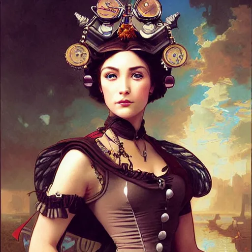 Image similar to a portrait painting of a steampunk fantasy lady, highly detailed, art by tristan eaton and artgerm and william - adolphe bouguereau