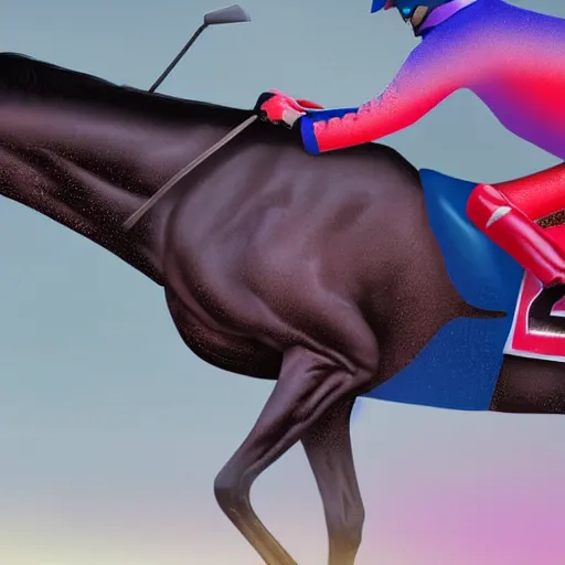 Prompt: close up front view of dense fog at a horse racing track. a glistening stallion ( ridden by a jockey in colorful outfit ) suddenly emerges from the fog head first, galloping extremely hard to win a race. professional, digital art, photorealistic, cinematic.