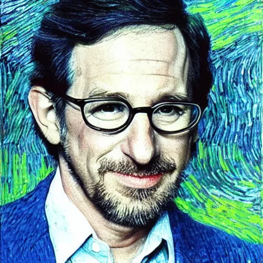 Image similar to an artistic portrait of a young steven spielberg, high quality, studio photography, colourful, hero, 1 9 8 8, heroic, beautiful, in the style of vincent van gogh