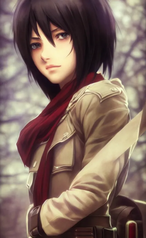 Image similar to mikasa ackerman, hero pose, medium shot, bokeh, beautiful face!!!!, 2 7 years old, cg animation, lifelike, animated, realistic, character select portrait, by artgerm, greg rutkowski, alphonse mucha, 3 d