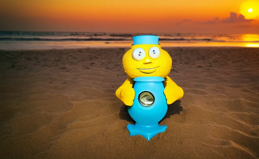 Prompt: 5 0 mm photograph, of a real anthropomorphic lemon character, fit, with lemon skin texture, it is wearing a hat and scuba diving, building a sandcastle on the beach at sunset, beach, huge waves, sun, clouds, tropical trees, rim light, cinematic photography, professional, sand, sandcastle, volumetric lightening