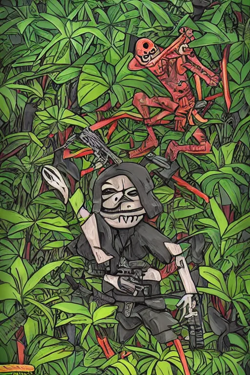 Image similar to a ninja sneaking around in the jungle surrounded by skeletons with ak - 4 7 artwork by eko nugroho