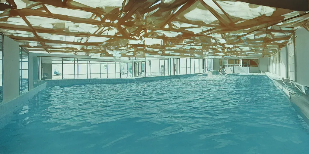 Prompt: 1980s magazine photo of an indoor swimming pool inside an office, flooded in clear blue water, with an A-Frame ceiling and dappled sunlight