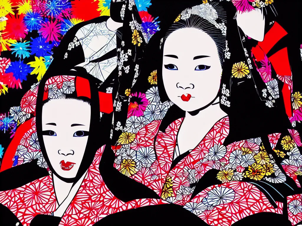 Image similar to hyperrealistic composition of the detailed woman in a japanese kimono sitting at a extremely detailed black jack table with hyperdetailed darth vader, fireworks, mountain fuji on the background, pop - art style, jacky tsai style, andy warhol style, acrylic on canvas