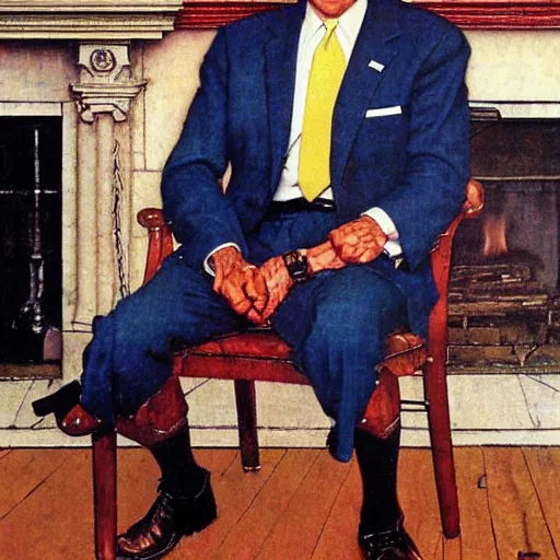 Prompt: Norman Rockwell portrait of Joe Biden. He's sitting on a chair, cozy fire