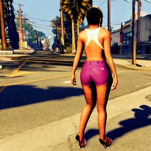 Prompt: Rear view of Beyonce walking down the street in GTA 5.