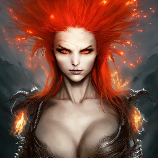 Image similar to kerli koiv as a fire genasi, flaming hair, darkwave, darksynth, concept headshot art, sharp, digital matte painting, art by luis royo, greg rutkowski, wlop, dramatic lighting, trending on artstation