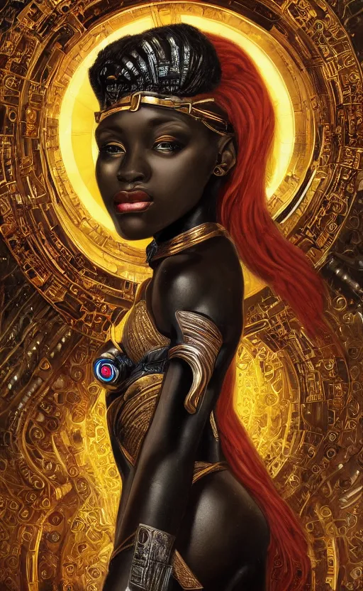 Prompt: beautiful young african cyborg princess muse, dazzling glowing eyes, elegant, striking composition, highly detailed ornate sci fi background, highly detailed, beautiful composition, mural painting in the style of sandro botticelli, caravaggio, albrecth durer