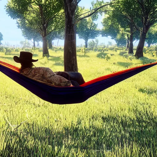 Image similar to Dutch from Red Dead Redemption 2 sleeping in a hammock, a field of mango trees in the background