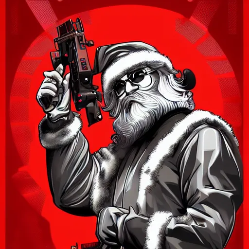 Image similar to cyberpunk santa clause as the leader of a futuristic communist nation, cybernetics, sharp lines, digital, artstation, colored in