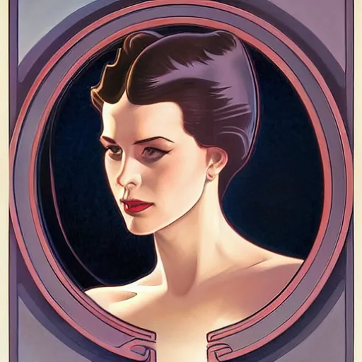 Image similar to a streamline moderne painting in the style of clyde caldwell, and in the style of charlie bowater, and in the style of alphonse mucha. symmetry, smooth, sharp focus, semi - realism, intricate detail.