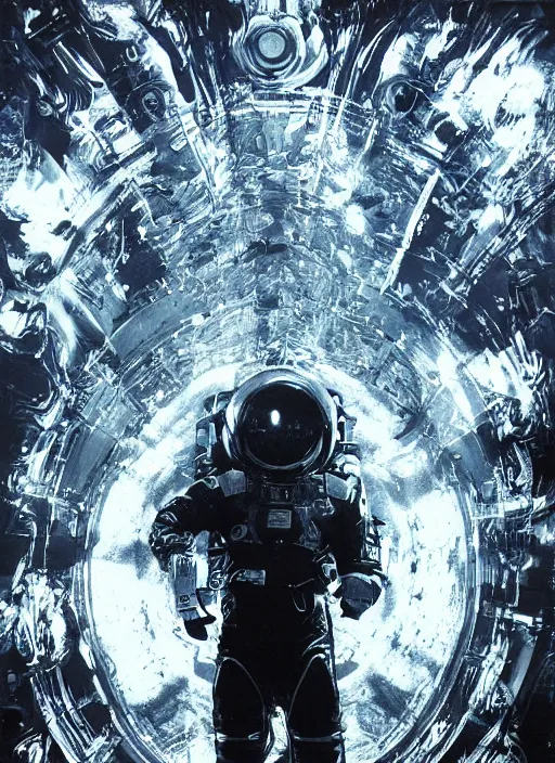 Image similar to astronauts in dark void underwater - complex and hyperdetailed technical suit. reflection and dispersion materials. rays and dispersion of light. volumetric light. f / 3 2. noise film photo. flash photography. ultra realistic, wide angle. poster by wayne barlowe, hajime sorayama aaron horkey, craig mullins