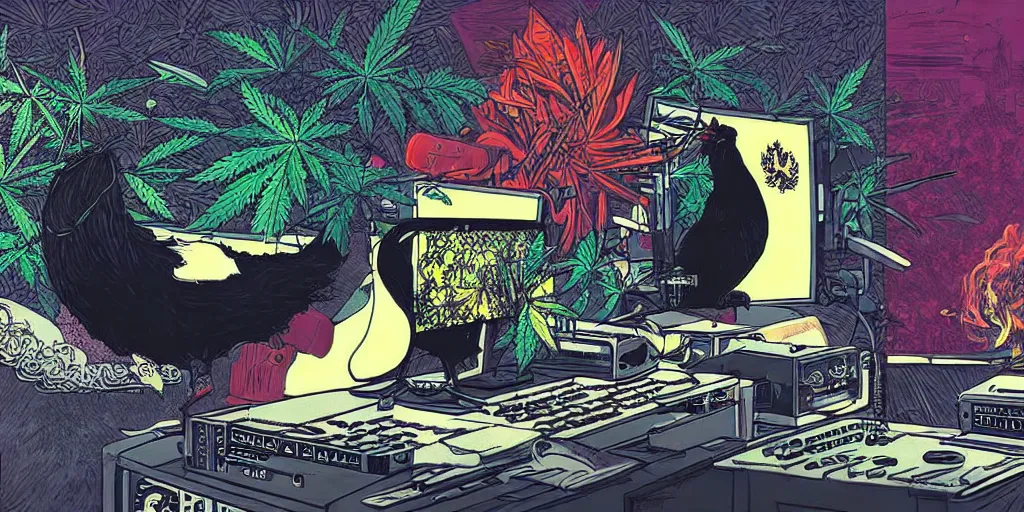 Image similar to 'black chicken'!!! smoking 'cannabis'!!!!!! in front of 'audio console'!!!! and 'multi monitors'!!!! 'in a hi-tech tv broadcasting studio'!!!!, artwork by James Gilleard