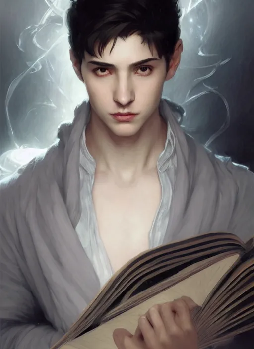 Prompt: character concept portrait of an attractive young seductive Spanish wizard with pale grey skin enchanting a seduction spell, a floating iridescent spell book in the center, intricate, elegant, digital painting, concept art, smooth, sharp focus, illustration, from Metal Gear, by Ruan Jia and Mandy Jurgens and William-Adolphe Bouguereau, Artgerm