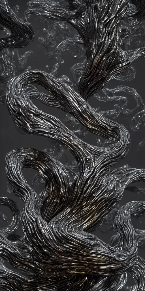 Image similar to a photorealistic render of a topographic sculpture made of melted metal and bioluminescent beings on a black background, c 4 d, by zhelong xu ouchh studio and ernst haeckel, wide angle, hyper realistic, plain black background, 8 k, volumetric lightning, octane render