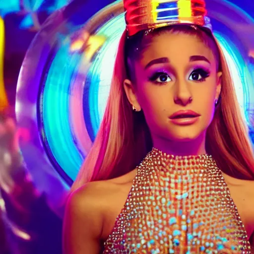 Image similar to cinematic movie still of ariana grande as a 1 9 7 0 s disco queen, 8 k hdr, action shot, movie still, hazy vibes, acid trip, fear and loathing