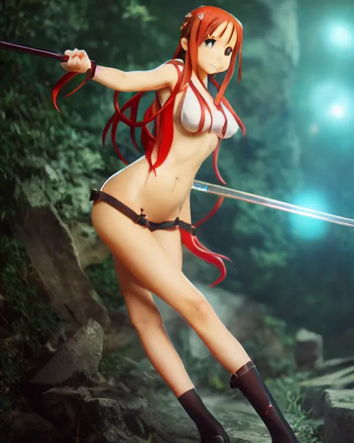 Image similar to pinup photo of asuna from sao in flame dungeon, asuna by a - 1 pictures, by greg rutkowski, gil elvgren, enoch bolles, glossy skin, pearlescent, anime, very coherent, maxim magazine, 3 d, vray, unreal 5, octave rendey, maya, cgsociety