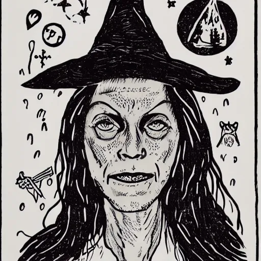 Image similar to a risograph of a witch from the 80s