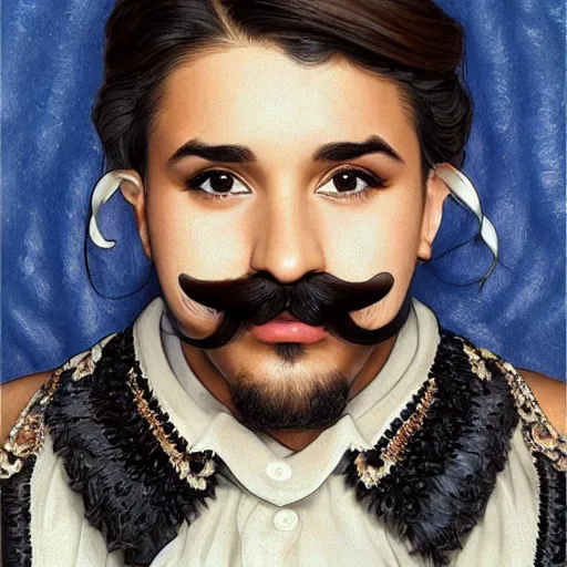 Image similar to Ariana Grande with a mustache, intricate, mustche, elegant, hairy mustache, highly detailed, Chevron stache, centered, digital painting, artstation, Walrus mustache, concept art, smooth, sharp focus, illustration, art by artgerm and H R Giger and alphonse mucha