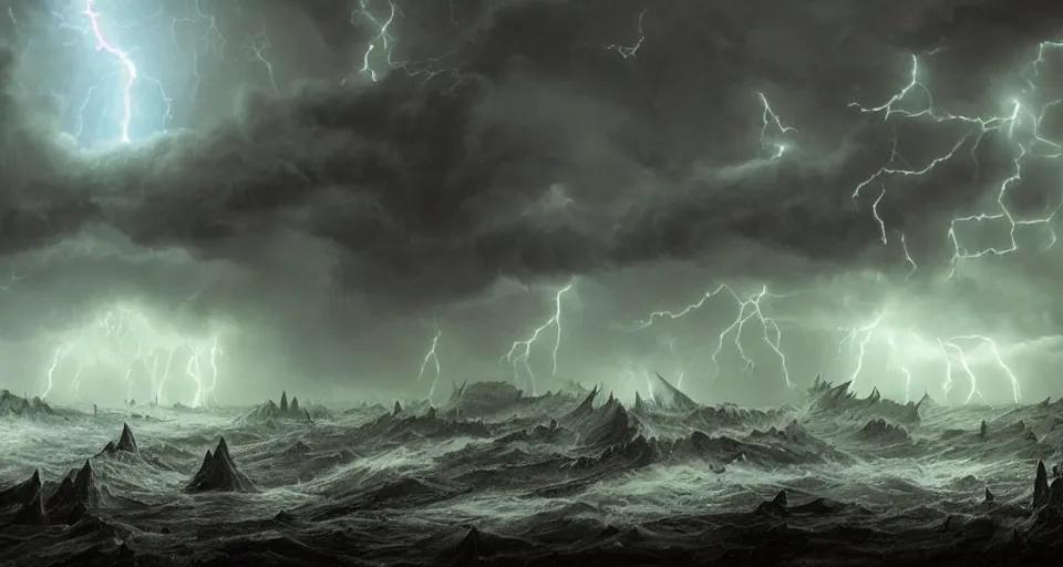 Image similar to lovecraftian eldritch!! creature!! destroying vancouver, snowy, windy, by eugene von guerard, ivan shishkin, night, lightning!!, storm!, dramatic lighting, concept art, trending on artstation, 8 k