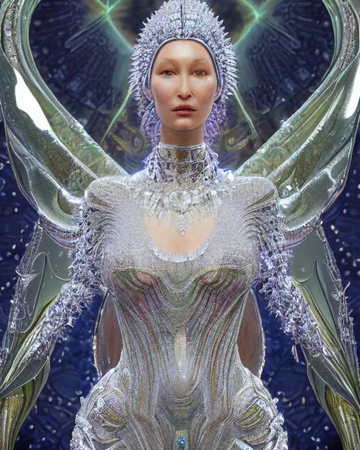 Image similar to a highly detailed metahuman 4 k close up render of an alien goddess bella hadid as goddess in iris van herpen dress schiaparelli in diamonds crystals swarovski and jewelry iridescent in style of alphonse mucha gustav klimt trending on artstation made in unreal engine 4