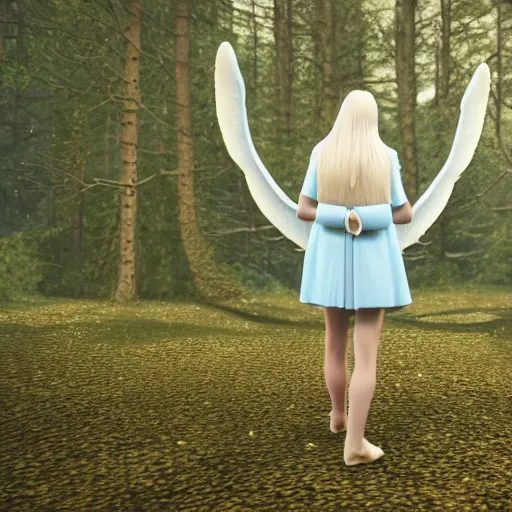 Image similar to a female angel : : one white wing, the other a dark midnight blue with tiny stars inside it : : with blonde hair just past her shoulders, standing in a forest with her back to camera : : octane render : : 8 k