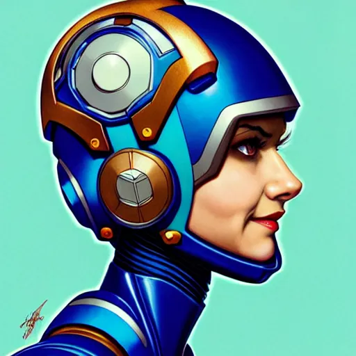 Prompt: head and shoulders portrait of a female Megaman, illustration, medium shot, intricate, elegant, highly detailed, digital art, ffffound, art by JC Leyendecker and sachin teng