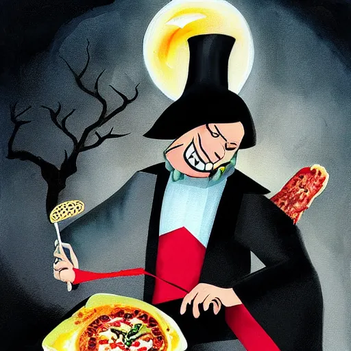 Image similar to time lapse painting of dracula cooking pizza