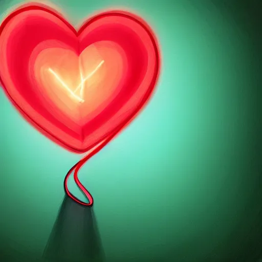 Prompt: a glowing red heart connected to dark green strings with a black background, digital art, painting, trending on art station