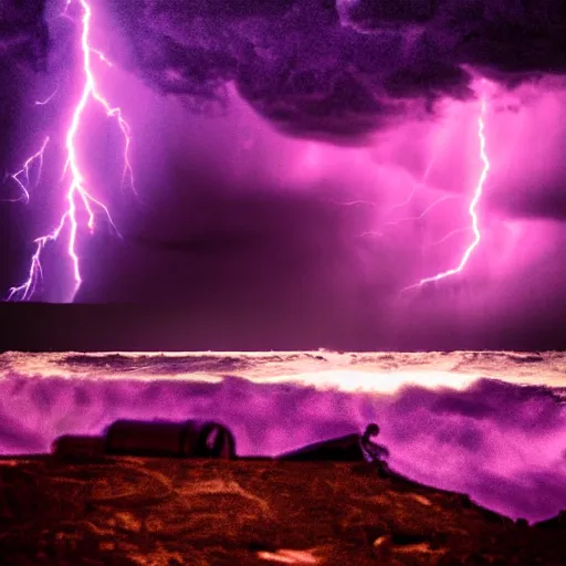 Image similar to purple color lighting storm with stormy sea, pirate ship firing its cannons real life trippy nebula sky 50mm shot