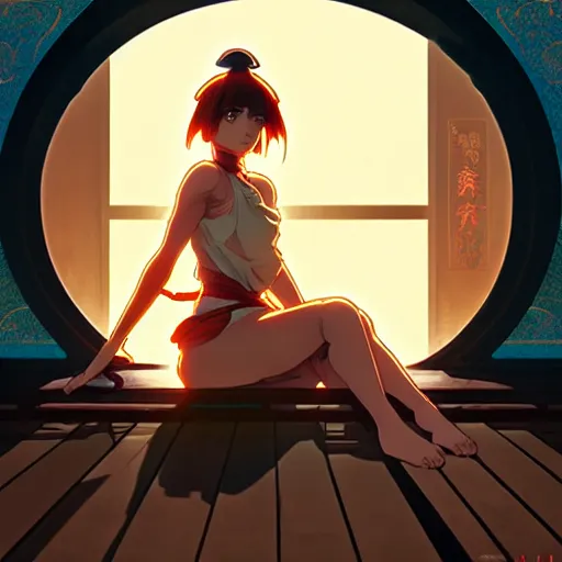 Image similar to digital anime art in the style of netflix arcane, cute female shinobi sitting on an old oriental roof at golden hour, wlop, alphonse mucha, greg rutkowski, ilya kuvshinov, backlit